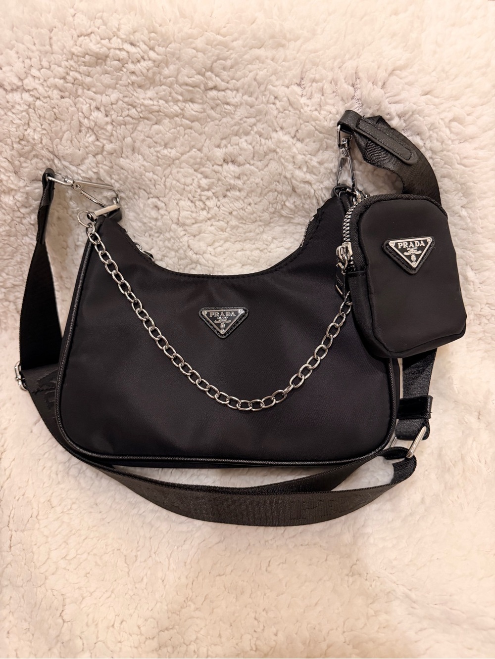 Black Nylon Shoulder Bag with Chain and Pouch